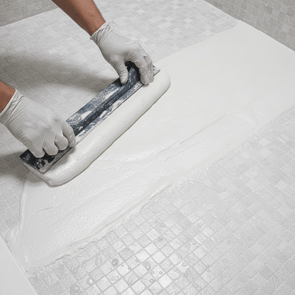Epoxy grouting specialist applying waterproof sealant to shower floor