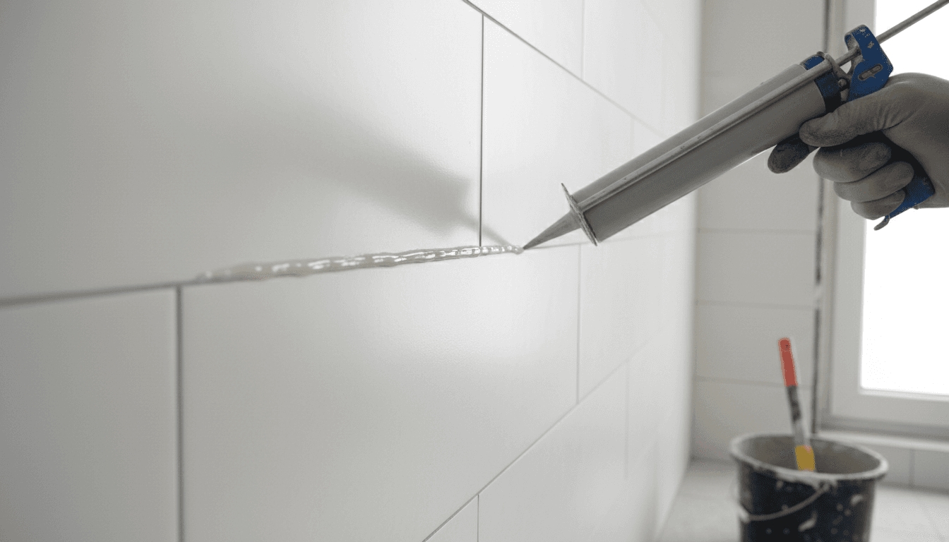 Close-up of epoxy grout being professionally applied to shower wall tiles with waterproof sealant