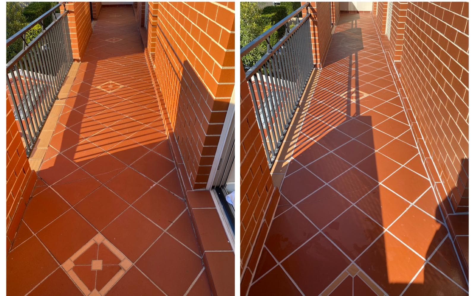 Side-by-side comparison of a terracotta tiled balcony before and after cleaning and sealing treatment.