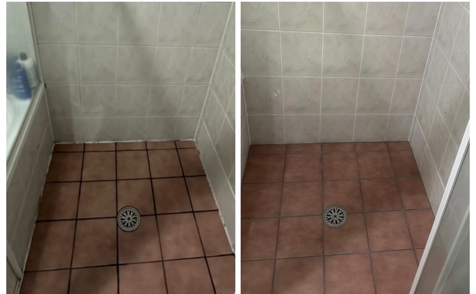 Side-by-side comparison of a shower floor before and after cleaning dark, dirty grout lines.